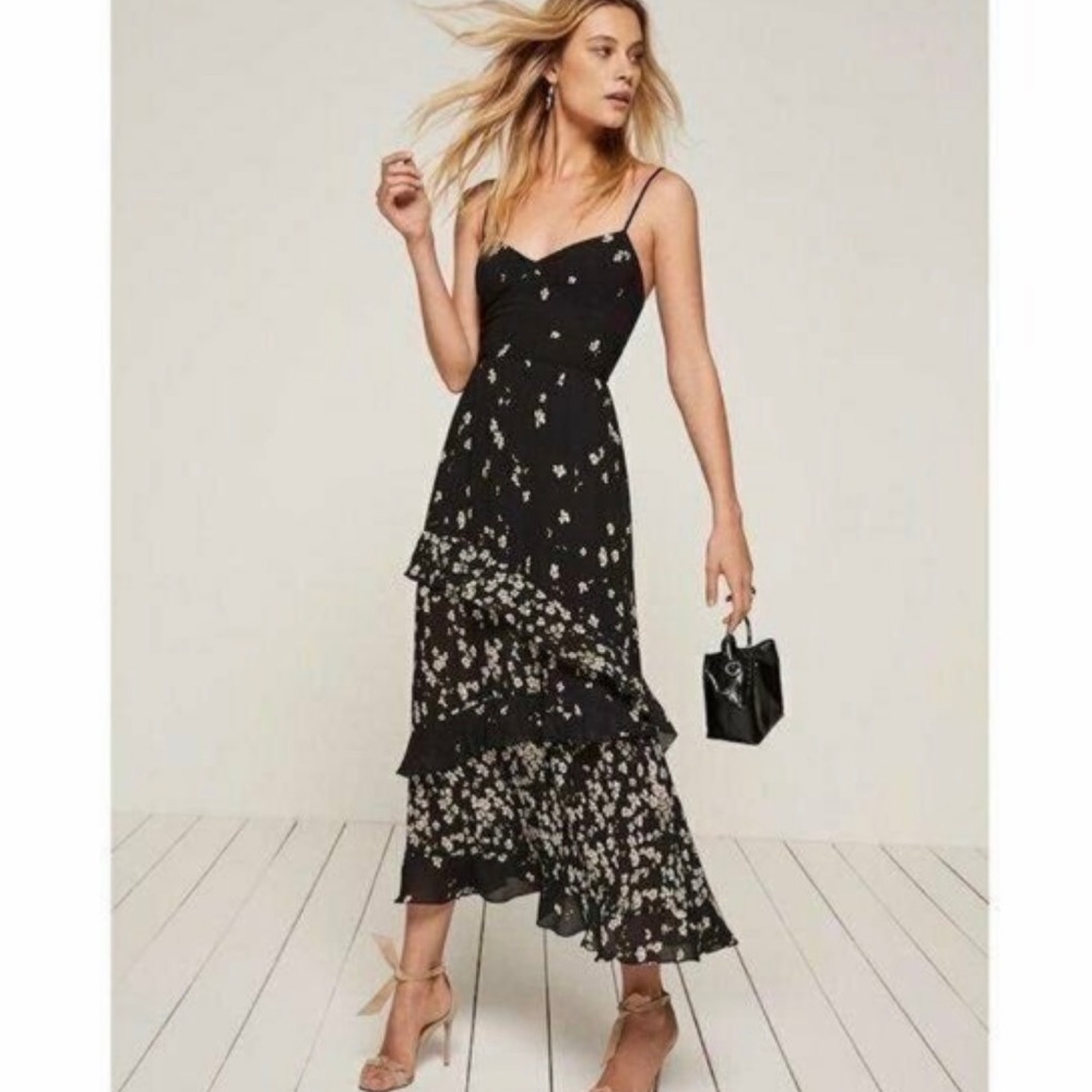 Reformation Black Floral Tiered Slip Dress